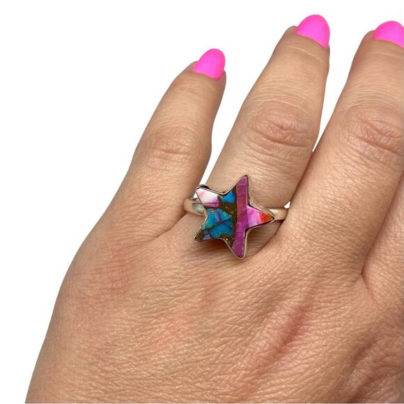 Pink Dahlia Kingman Turquoise Star Ring Size 9.5 Solid 925 Sterling Silver - Picture 3 of 7